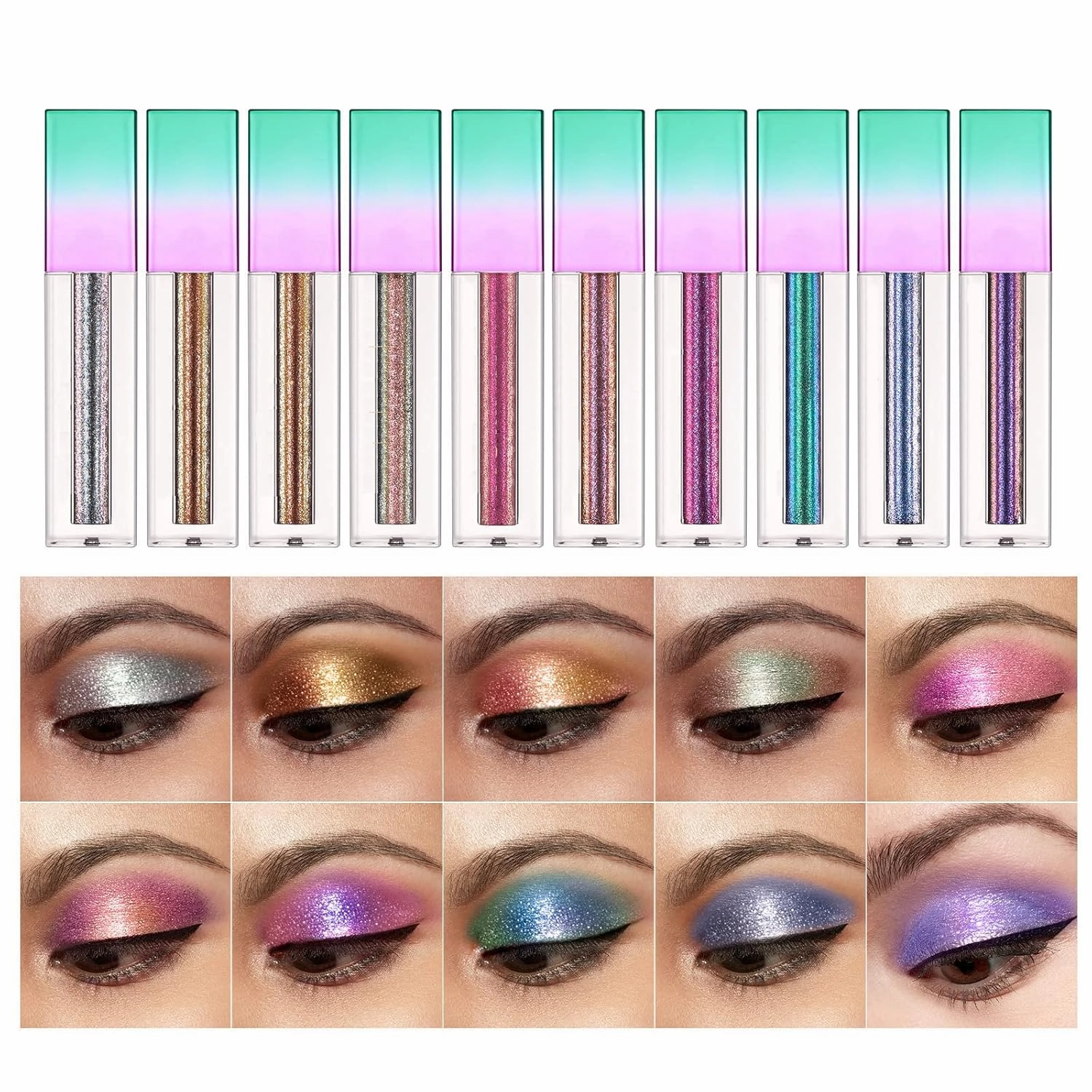 10 Colors Glitter Liquid Eyeshadow Makeup Set Long Lasting Highly Pigmented Liquid Eye Shadow Shimmer Metallic Shining Sparkly Eyeshadow Cosmetics