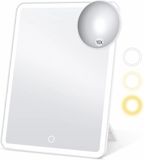 10 Inch Rechargeable Portable Makeup Mirror with 108 LED Lights, 3 Color Dimmable Touch Screen, 360° Rotation, 2000mAh Travel Lighted Beauty Mirror, Tabletop LED Vanity Mirror