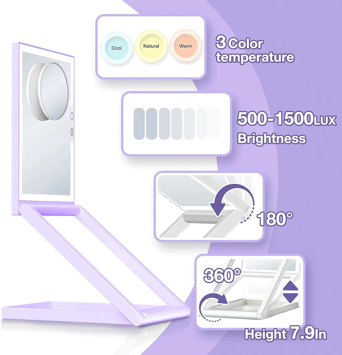 10X Magnifying Lighted Makeup Mirror, Rechargeable, ABS & Glass, Tabletop Mount, 3 Color Lighting, 1200mAh Battery