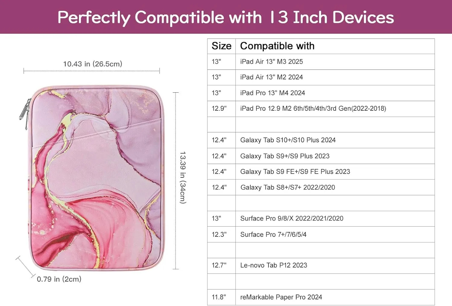 13 Inch Tablet Sleeve Bag Carrying Case for iPad Pro 13" M4 2024, iPad Air 13", iPad Pro 12.9", Samsung Galaxy Tab S10  Plus/S9 FE /S9  Plus 12.4", Remarkable Paper Pro 11.8", Cloudy Pink