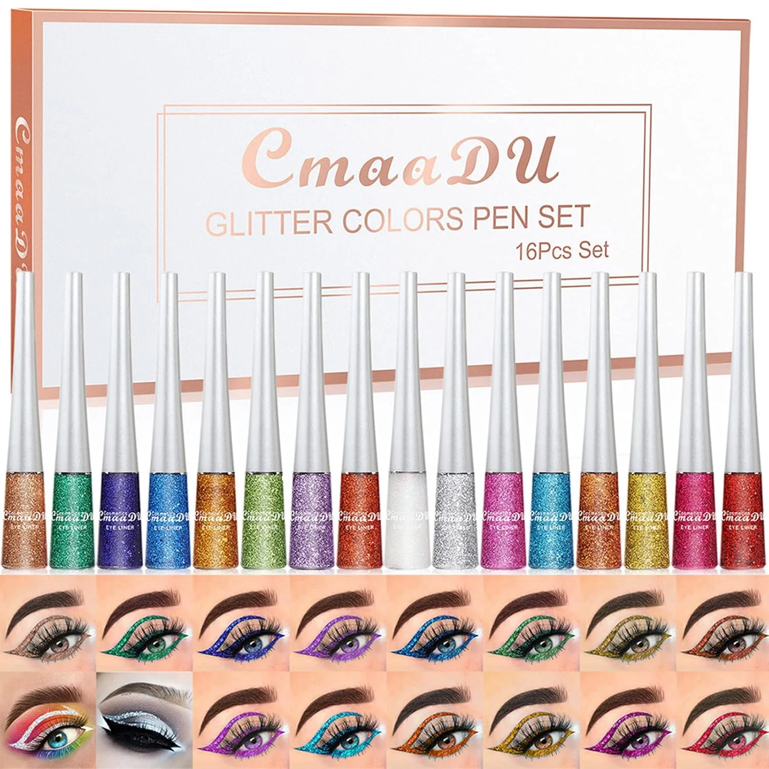 16 Colors Liquid Glitter Eyeliner Set, Metallic Diamond Shimmer Eye Liner, Waterproof Long Lasting Glow Eyeliner Colorful Eye Shadow, Shimmer Sparkle Eyeliner Eye Makeup Gift Set