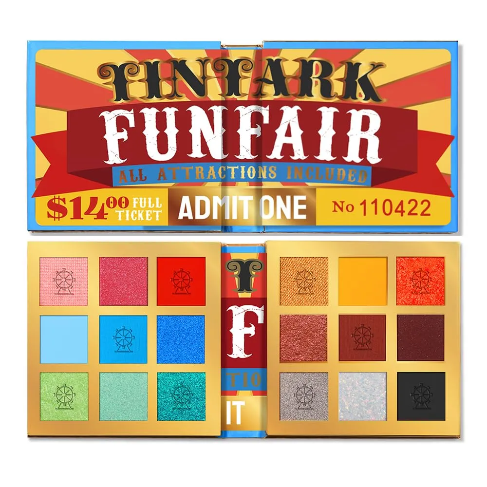 18 Color Funfair Eyeshadow Palette, Carnival Party Eyeshadows, Gold Slivery Black White Yellow Orange Brown Bronzer Red Blue Purple Green Eye Shadow Palettes, Glitter Matte Shimmer