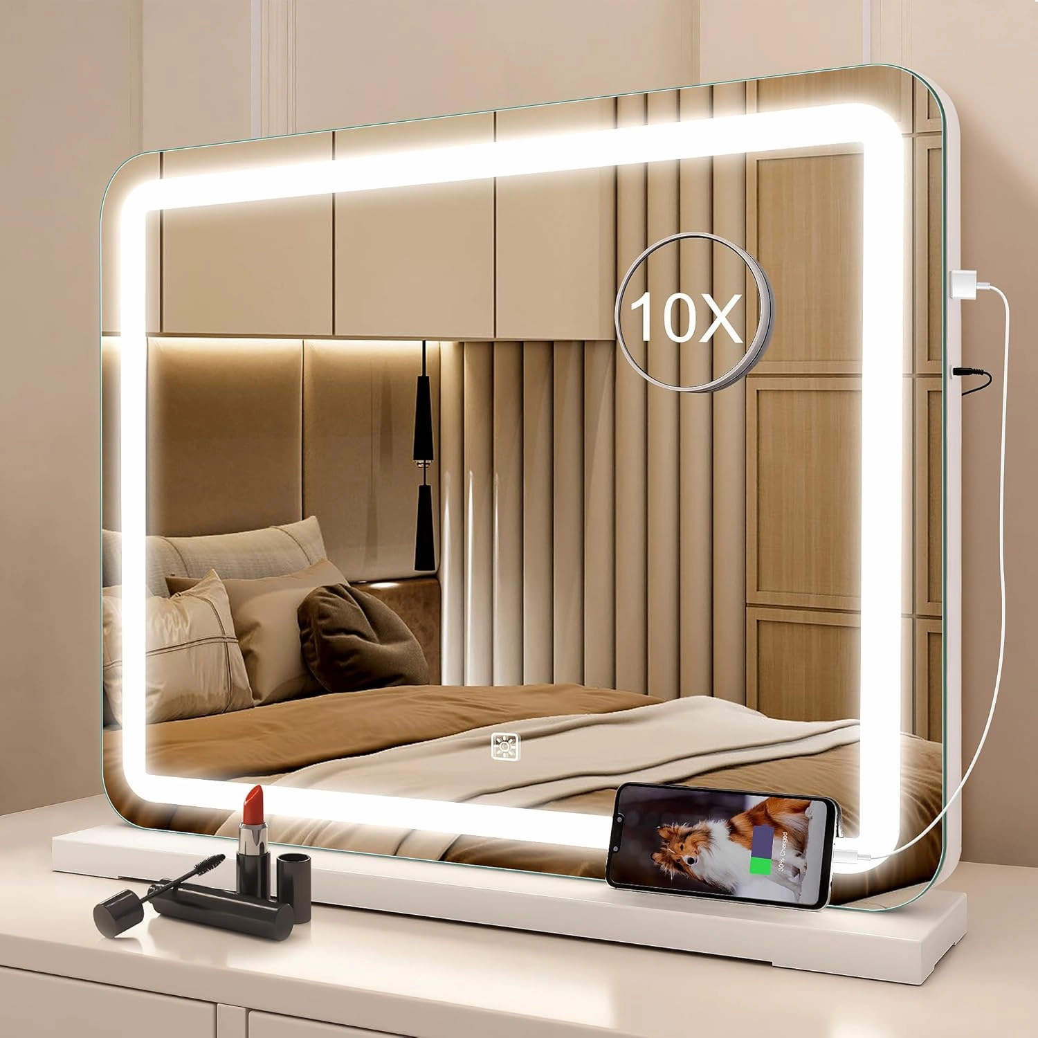 19" x 14" Makeup Mirror with Lights and 10X Magnification, 3-Color Dimmable LED Lighting & Touch Control, USB Charging Port for Travel/Dressing Room