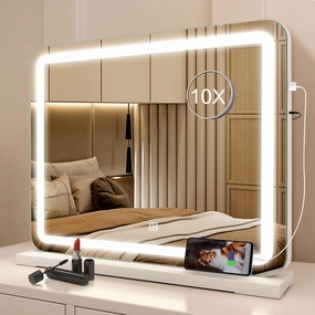19" x 14" Makeup Mirror with Lights and 10X Magnification, 3-Color Dimmable LED Lighting & Touch Control, USB Charging Port for Travel/Dressing Room