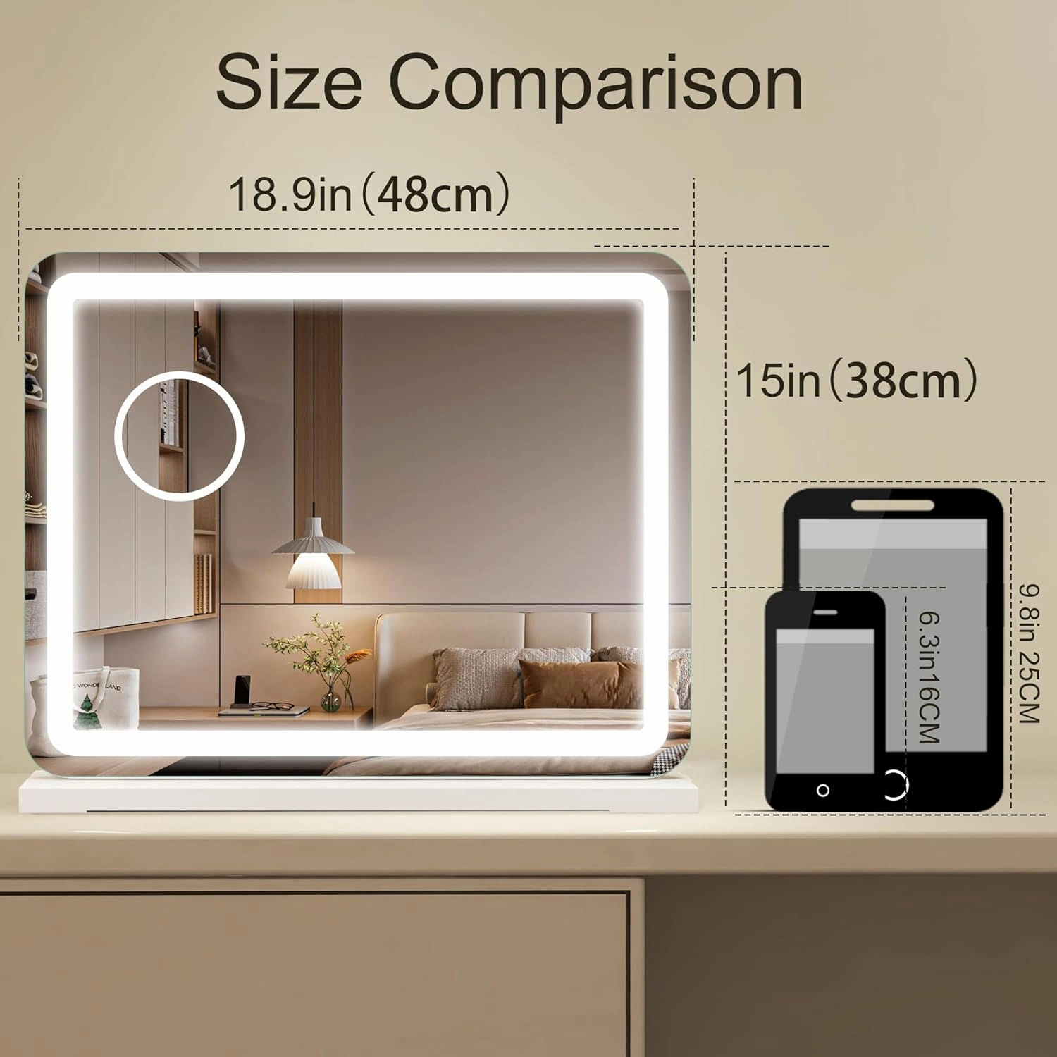19" x 14" Makeup Mirror with Lights and 10X Magnification, 3-Color Dimmable LED Lighting & Touch Control, USB Charging Port for Travel/Dressing Room
