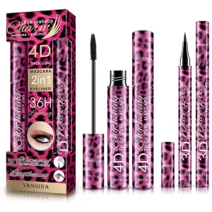 2 In 1 Silk Fiber Mascaras & Eyeliner Set, Long-lasting All Day, 4D Silk Fiber Mascara & Eyeliner Set, Smudge-Proof, Waterproof, Adds Length, Depth and Glamour Effortlessly (1 PCS)
