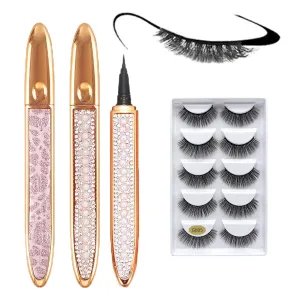 2023 New Self-Adhesive Eyeliner Eyelash Glue Pencil-With 5 Pairs False Eyelashes. Magic Self-Adhesive Long-Lasting Eye Liner Eyelash Glue Pen, Liquid Eyeliner Pen, Non Magnetic (2PCS)
