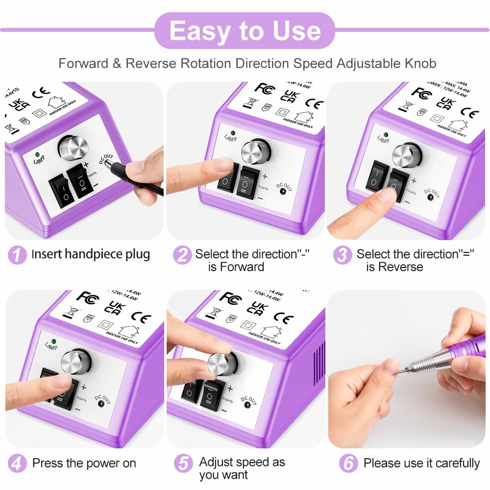 30000 RPM Professional Nail Drill Machine Efile Electric Nail Filer Kit for Finger Toe Nails, Acrylic Gel Dip Nails, Manicure Pedicure Drill with 6Pcs Bits and 106Pcs Sanding Bands, Purple
