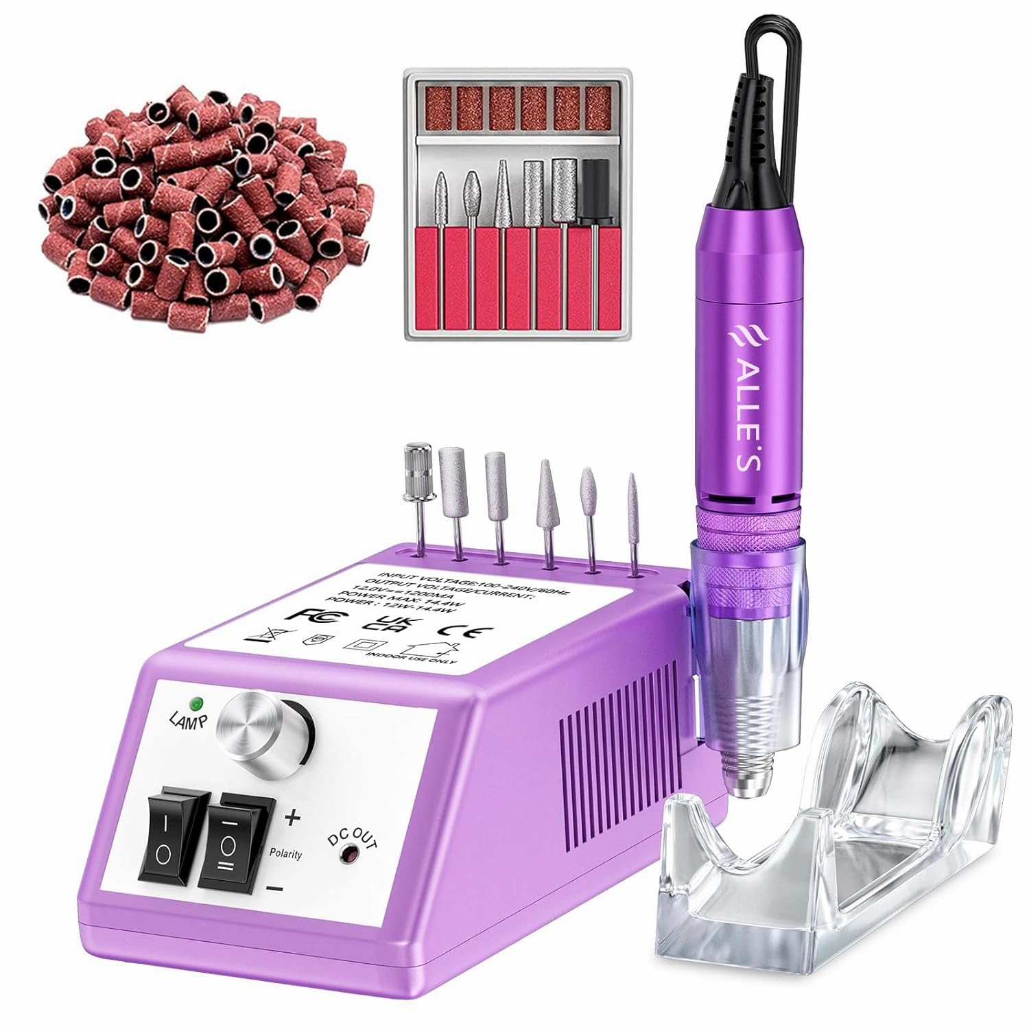 30000 RPM Professional Nail Drill Machine Efile Electric Nail Filer Kit for Finger Toe Nails, Acrylic Gel Dip Nails, Manicure Pedicure Drill with 6Pcs Bits and 106Pcs Sanding Bands, Purple