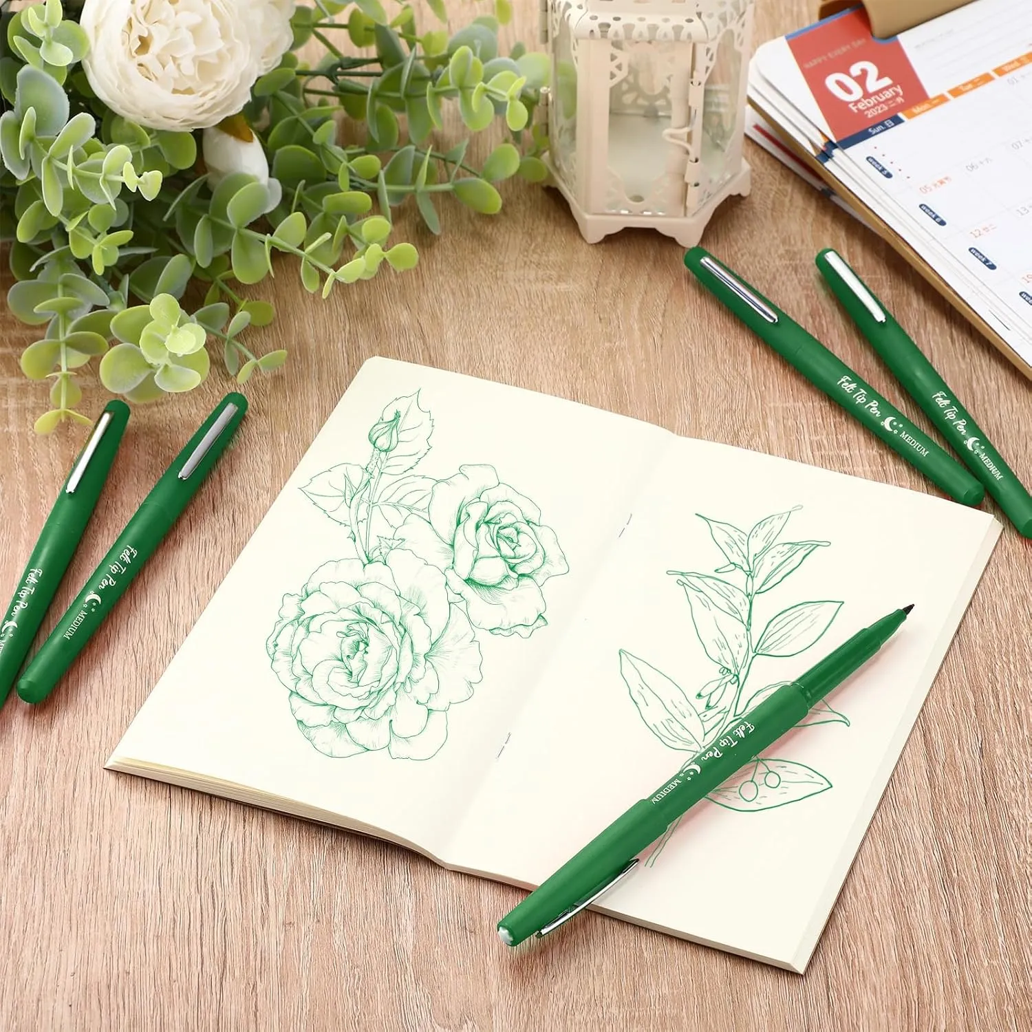 36 Pcs Felt Tip Pens 0.7mm Medium Point Colored Felt Tip Pens for Journaling Planner Writing Note-taking Art Office and School Supplies(Green)