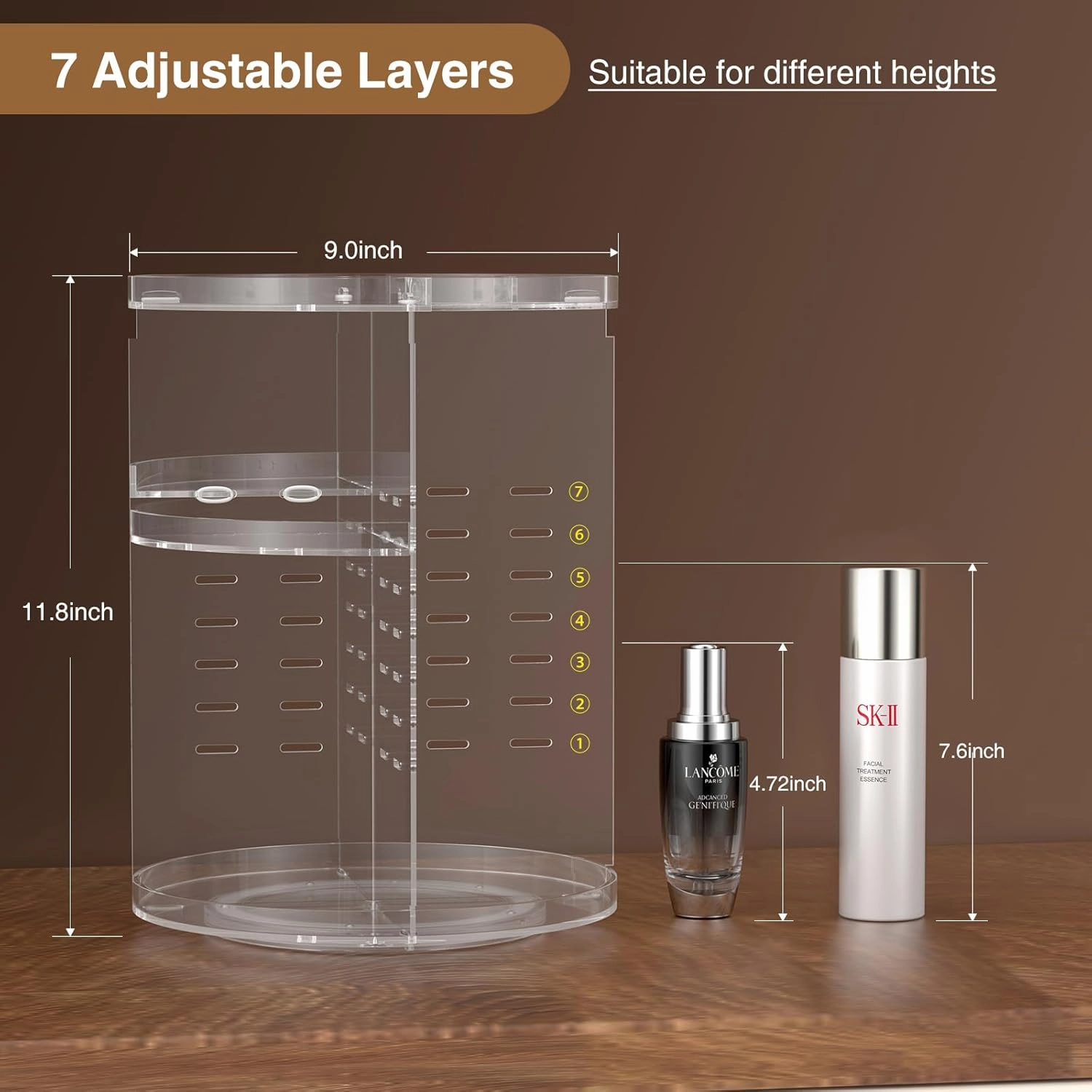 360° Rotating Makeup Organizer, DIY 7 Adjustable Layers Spinning Holder, Large Capacity Cosmetic Storage Box Skincare Perfume Organizer for Vanity Countertop (Small Ultra Clear)