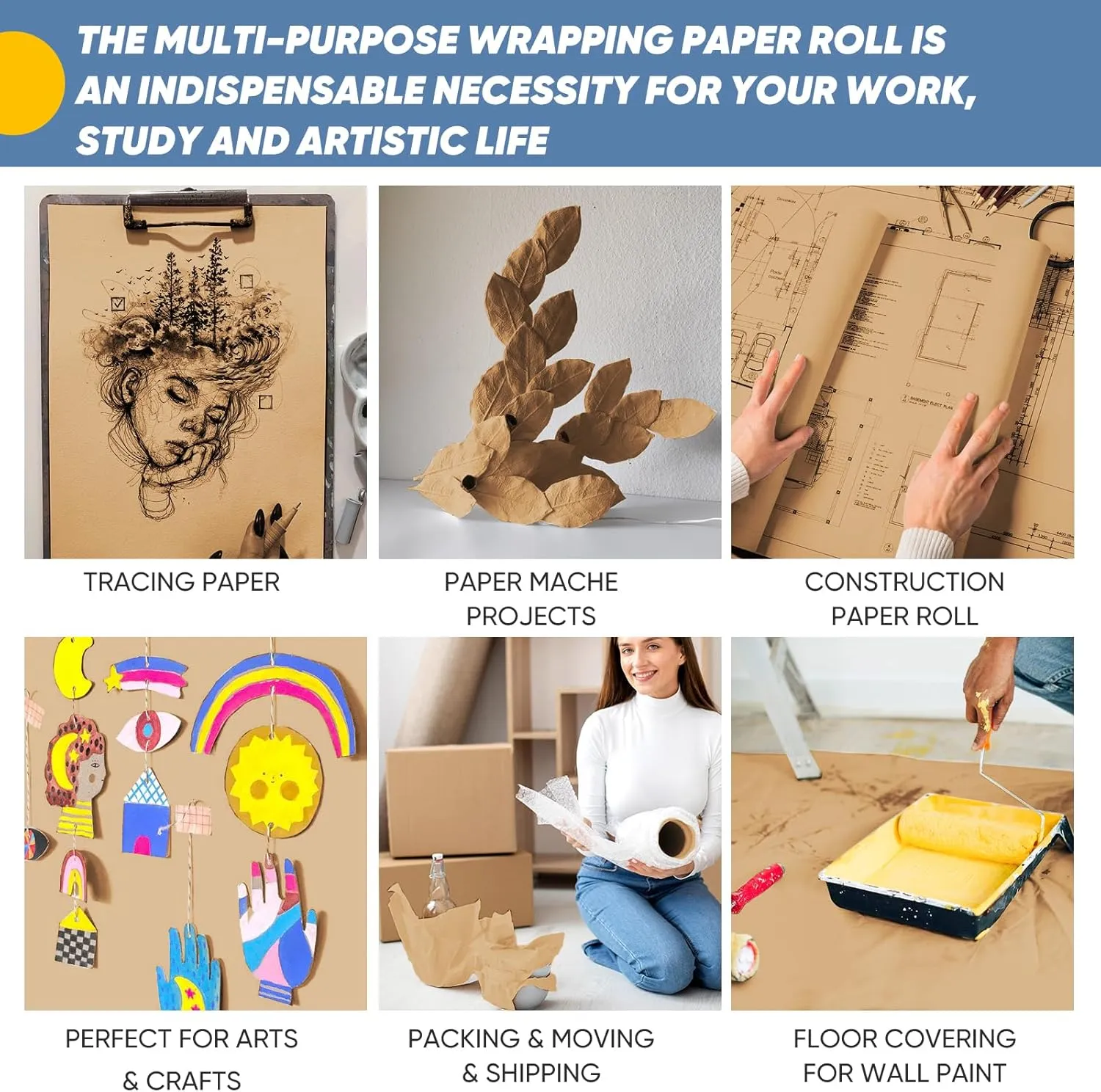 36" x 3600" (300') Brown Kraft Paper Roll, Gift Wrapping Paper for Craft Bulletin Board Art Decorative Paper Roll Christmas Bouquet Flower Table Covering Packing Shipping Moving Supplies 70GSM 50LB