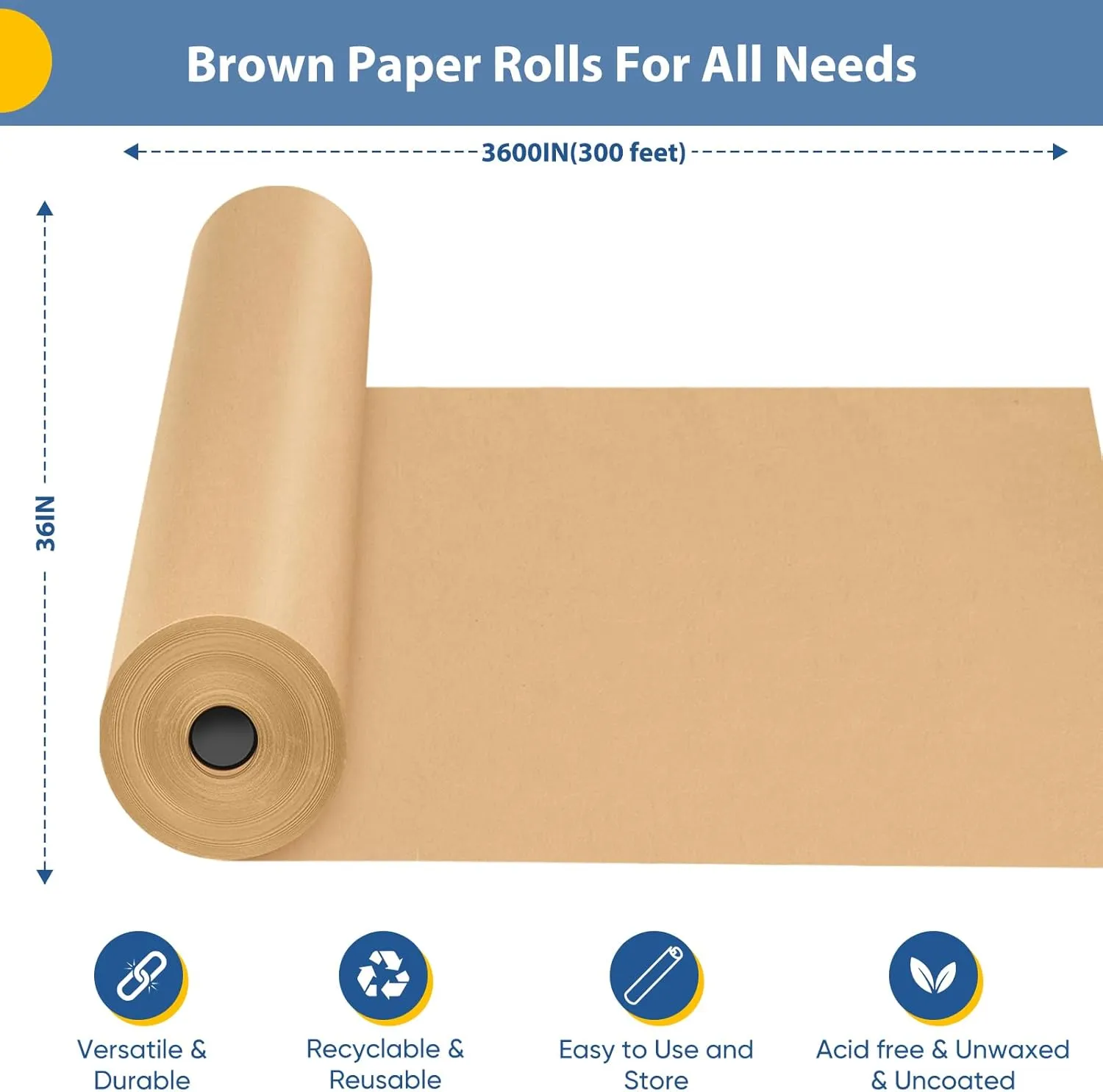 36" x 3600" (300') Brown Kraft Paper Roll, Gift Wrapping Paper for Craft Bulletin Board Art Decorative Paper Roll Christmas Bouquet Flower Table Covering Packing Shipping Moving Supplies 70GSM 50LB