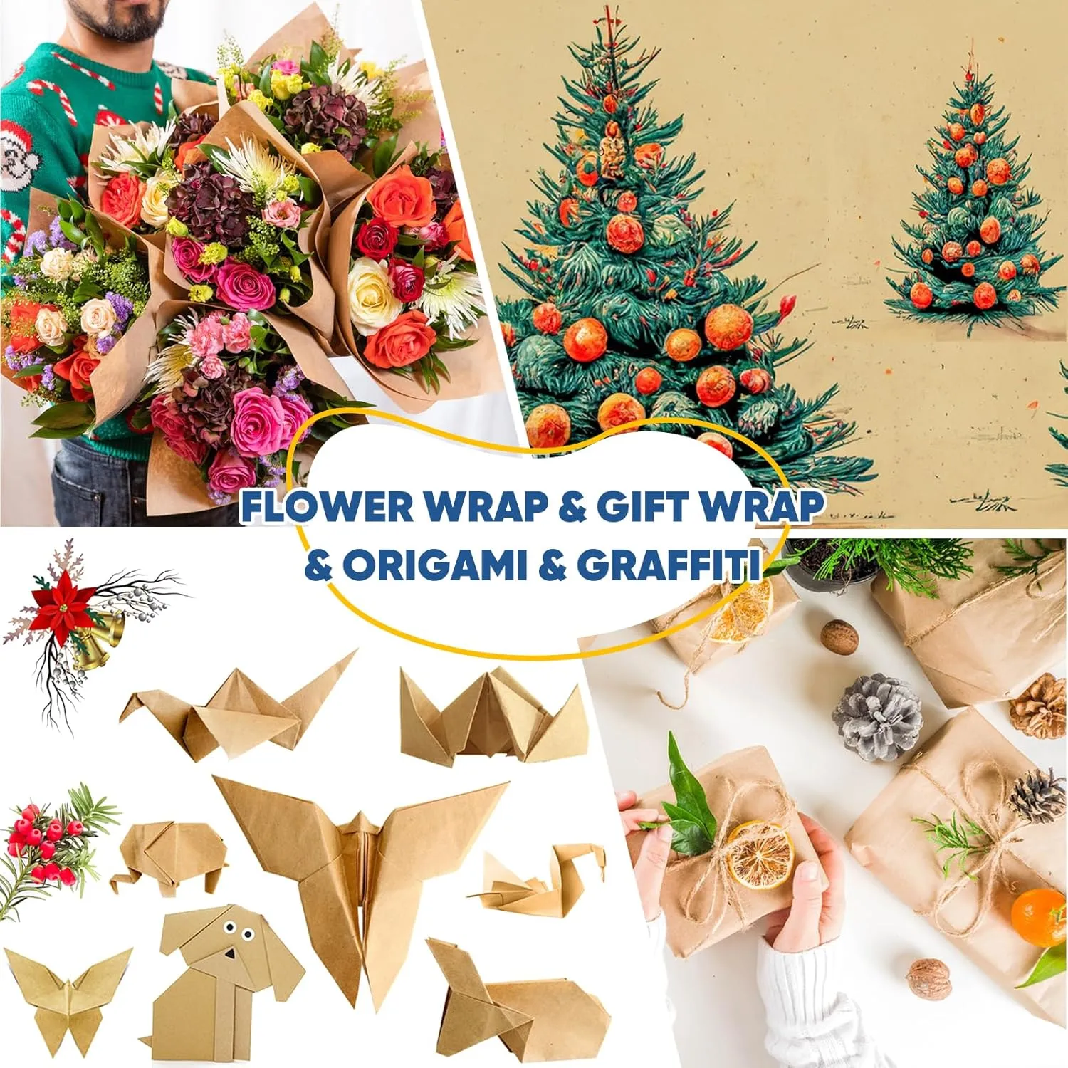 36" x 3600" (300') Brown Kraft Paper Roll, Gift Wrapping Paper for Craft Bulletin Board Art Decorative Paper Roll Christmas Bouquet Flower Table Covering Packing Shipping Moving Supplies 70GSM 50LB