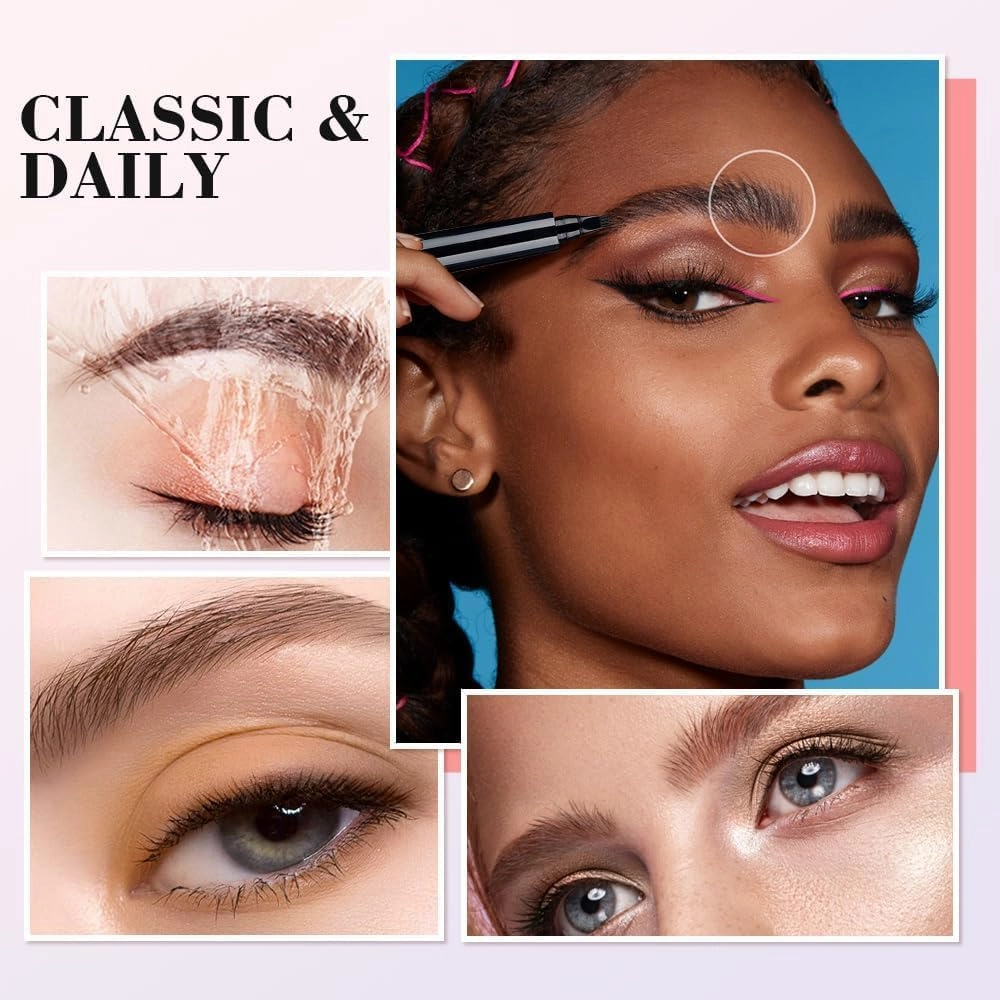3D Waterproof Microblading Eyebrow Pen with 4 Fork Tip, Magic Eyebrow Pencil Contouring Pen, Long-Lasting Natural Brows Eyebrow Pen (Black)