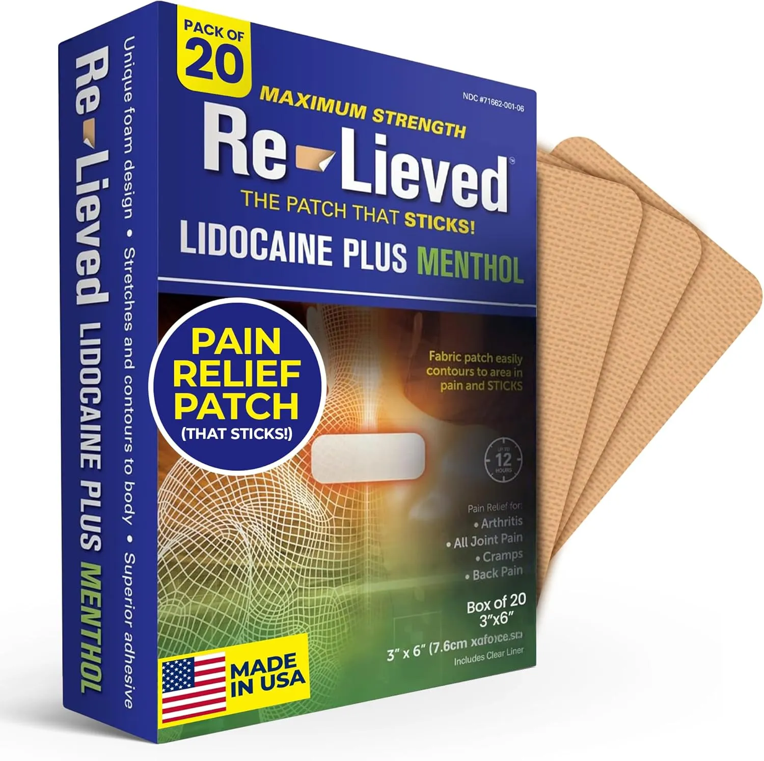 4% Lidocaine & 1% Menthol Pain Relief Patches - Maximum Strength Medicated Patches for Joint & Muscle Ache - Stick-on Fast-Acting Pain Relief - Aluminum-Free, Made in The USA - 20 PCS