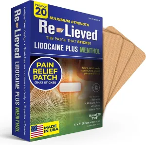 4% Lidocaine & 1% Menthol Pain Relief Patches - Maximum Strength Medicated Patches for Joint & Muscle Ache - Stick-on Fast-Acting Pain Relief - Aluminum-Free, Made in The USA - 20 PCS