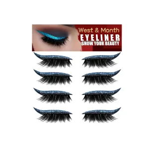 4 Pairs Glitter Eyeliner Stickers and False Lashes, Self-Adhesive Waterproof Eyeliner Tattoos Temporary, Stick On Liner and Lashes 2-1 Color, Cat Eyeliner Sticker for Party, Halloween (Blue)