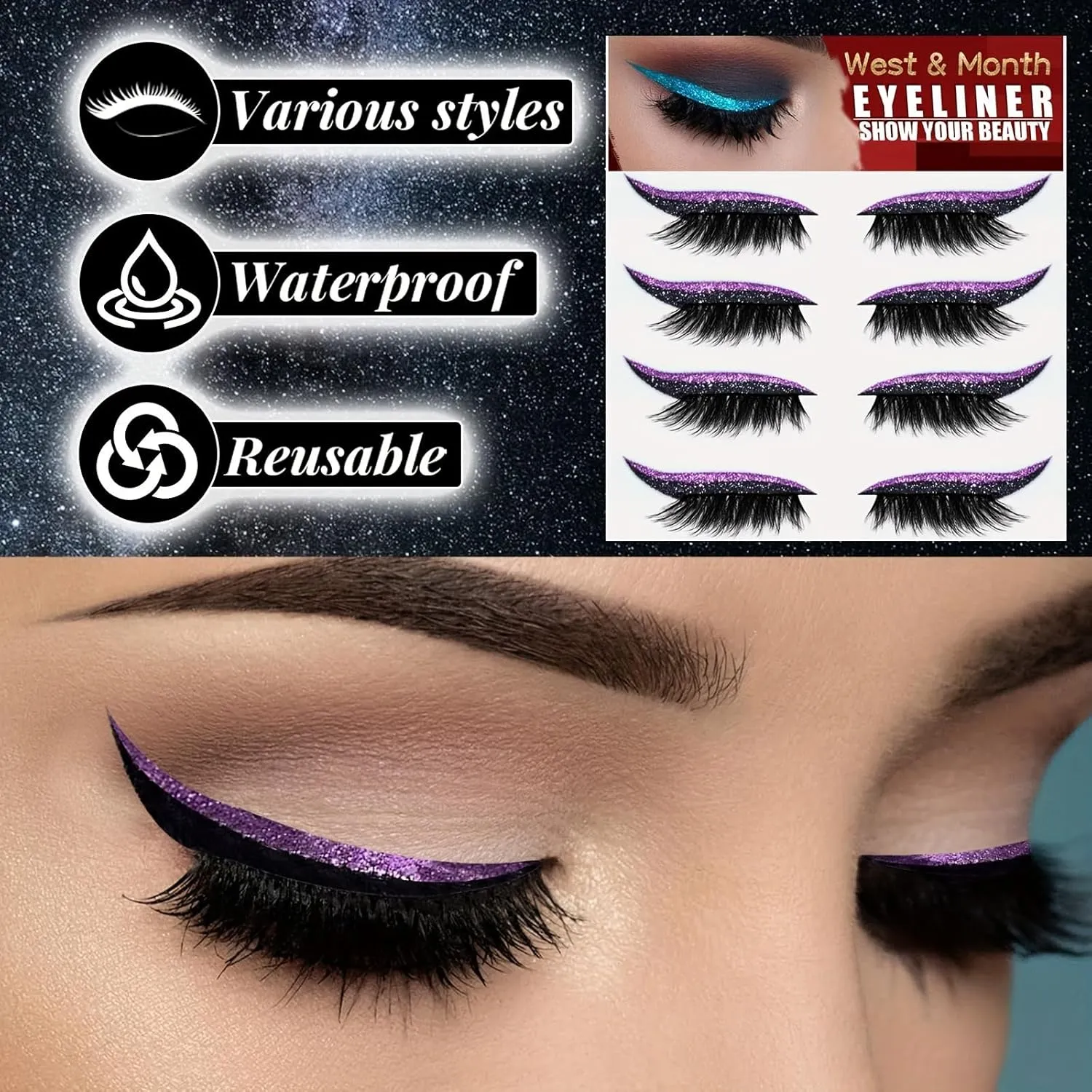 4 Pairs Glitter Eyeliner Stickers and False Lashes, Self-Adhesive Waterproof Eyeliner Tattoos Temporary, Stick On Liner and Lashes 2-1 Color, Cat Eyeliner Sticker for Party, Halloween (Blue)