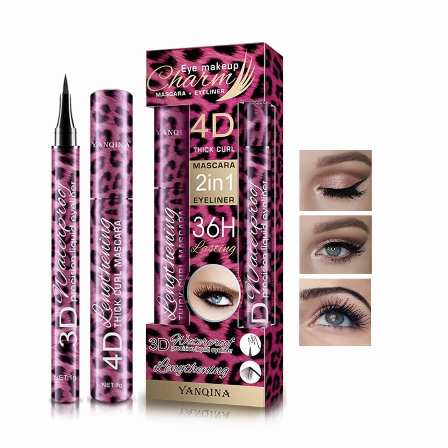 4D Silk Fiber Mascara and Eyeliner 2pcs/Set Waterproof Liquid Eyeliner Black Thickening Lengthening Mascara Quick Drying Long Lasting Eye Liner Pencil Cosmetic Kit for Women Girls Eyes Makeup