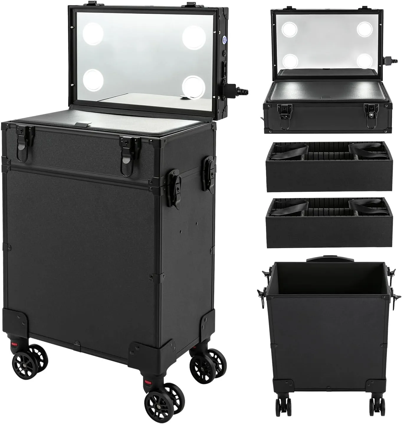 4in1 Rolling Makeup Train Case on wheels, 3 Tiers Professional Make Up Suitcase Cosmetic Trolley with Mirror LED Lighted Makeup Travel Case, Large Storage Cosmetic Trolley Makeup Train Case