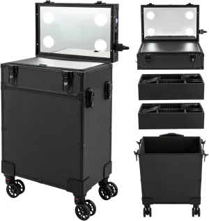 4in1 Rolling Makeup Train Case on wheels, 3 Tiers Professional Make Up Suitcase Cosmetic Trolley with Mirror LED Lighted Makeup Travel Case, Large Storage Cosmetic Trolley Makeup Train Case