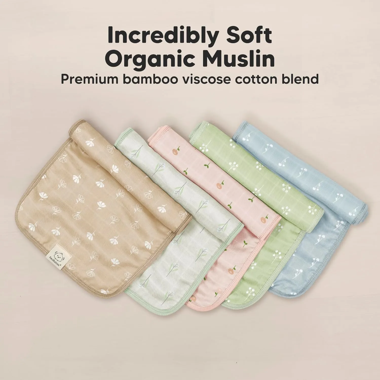 5-Pack Cotton Muslin Burp Cloths Baby Girls, Boys - Soft & Absorbent Spit Up Burp Rags, Large Muslin Towel, Cotton Wash Cloths for Babies, Newborn, Infant, No Shrink, Durable, Neutral (Wild Bloom)