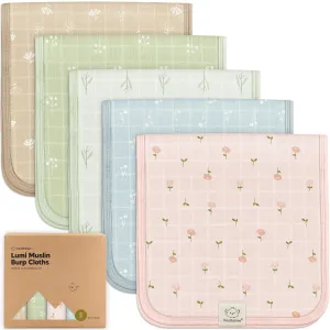 5-Pack Cotton Muslin Burp Cloths Baby Girls, Boys - Soft & Absorbent Spit Up Burp Rags, Large Muslin Towel, Cotton Wash Cloths for Babies, Newborn, Infant, No Shrink, Durable, Neutral (Wild Bloom)