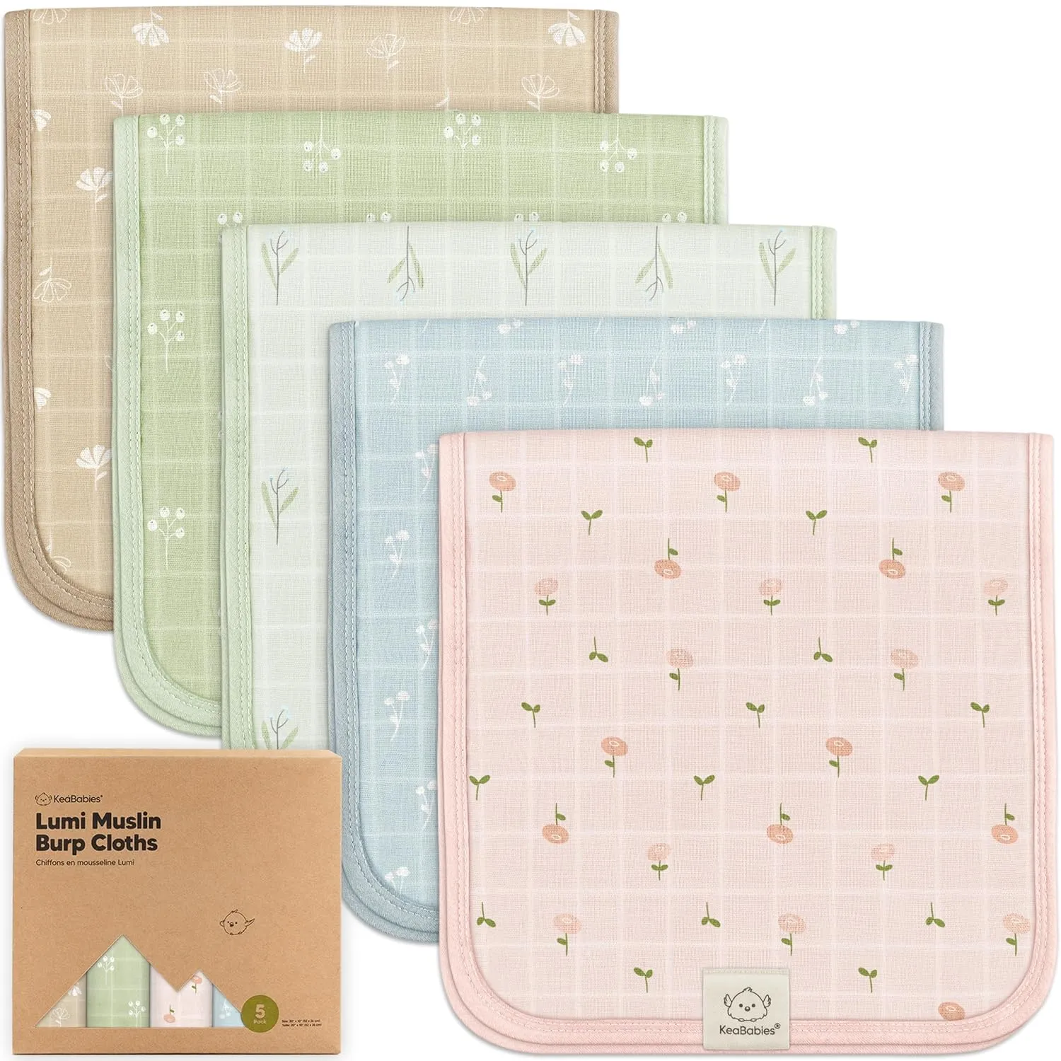 5-Pack Cotton Muslin Burp Cloths Baby Girls, Boys - Soft & Absorbent Spit Up Burp Rags, Large Muslin Towel, Cotton Wash Cloths for Babies, Newborn, Infant, No Shrink, Durable, Neutral (Wild Bloom)