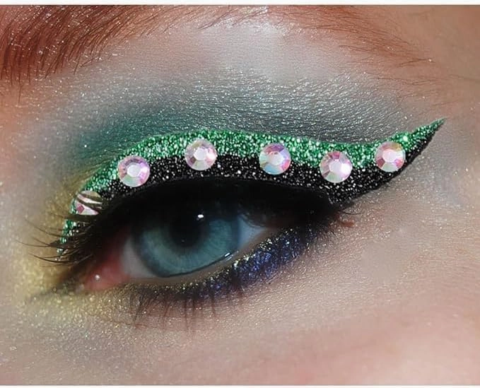 5 Pairs Glitter Eyeliner Stickers with Rhinestones Adhesive Eye Line Strip Reusable Eyeshadow Stickers,Eyeliner Sticker (Green)