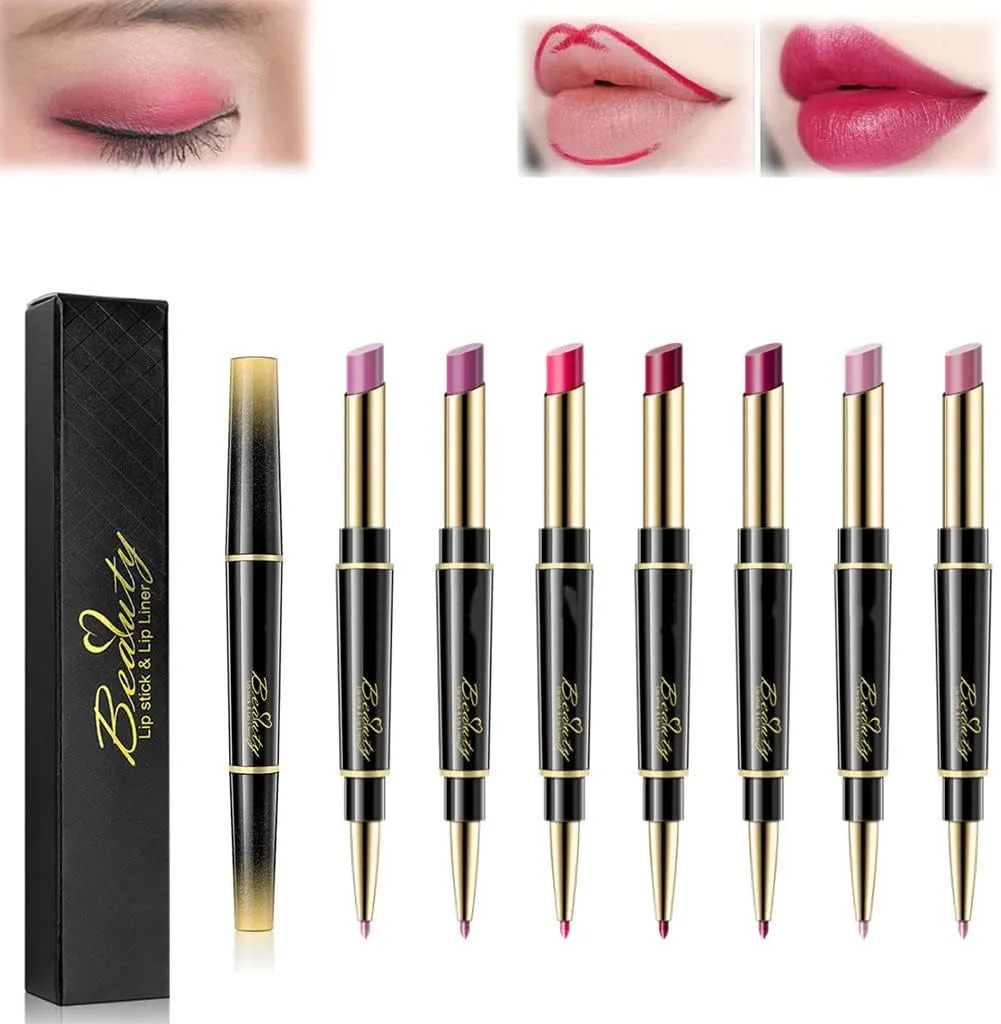 7pcs Double-Ended Auto-Rotating Lip Liner,Non-stick Cup Is Not Easy To Discolor Double-ended Lip Pencil Matte Lipstick Makeup,Waterproof Long Lasting,for Girls Ladies Daily/Travel/Party/Work. (Set A)