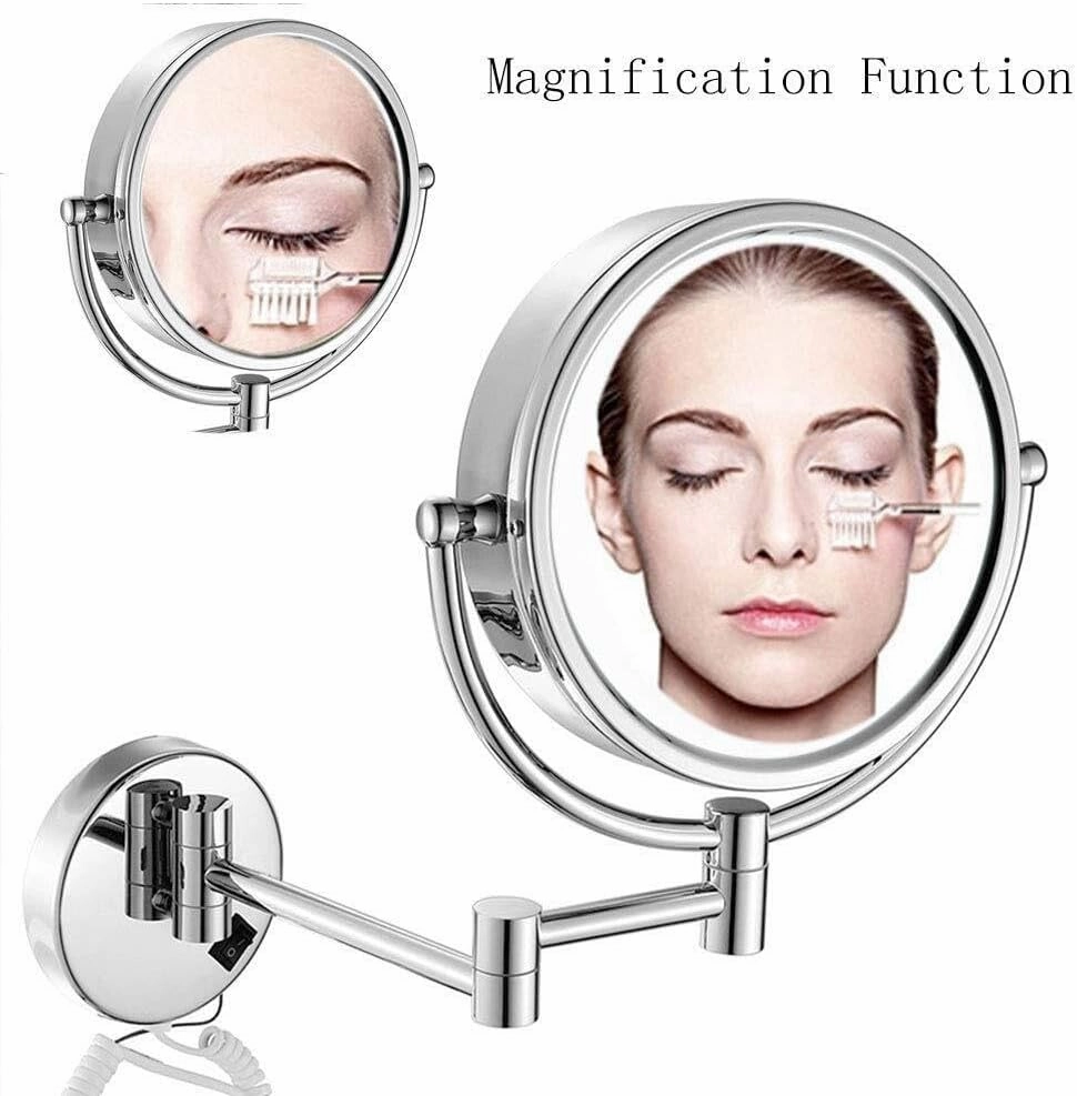 8.5-Inch Wall Mounted Makeup Mirror with LED Lights, 1X/7X Magnification, 360° Swivel Extendable, Chrome Finish, Plug Operated(10X)
