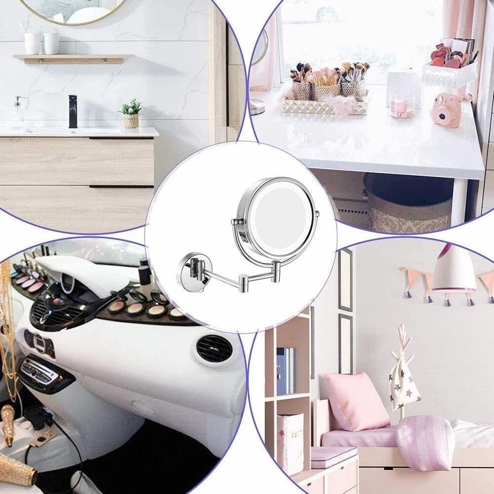 8.5-Inch Wall Mounted Makeup Mirror with LED Lights, 1X/7X Magnification, 360° Swivel Extendable, Chrome Finish, Plug Operated(10X)