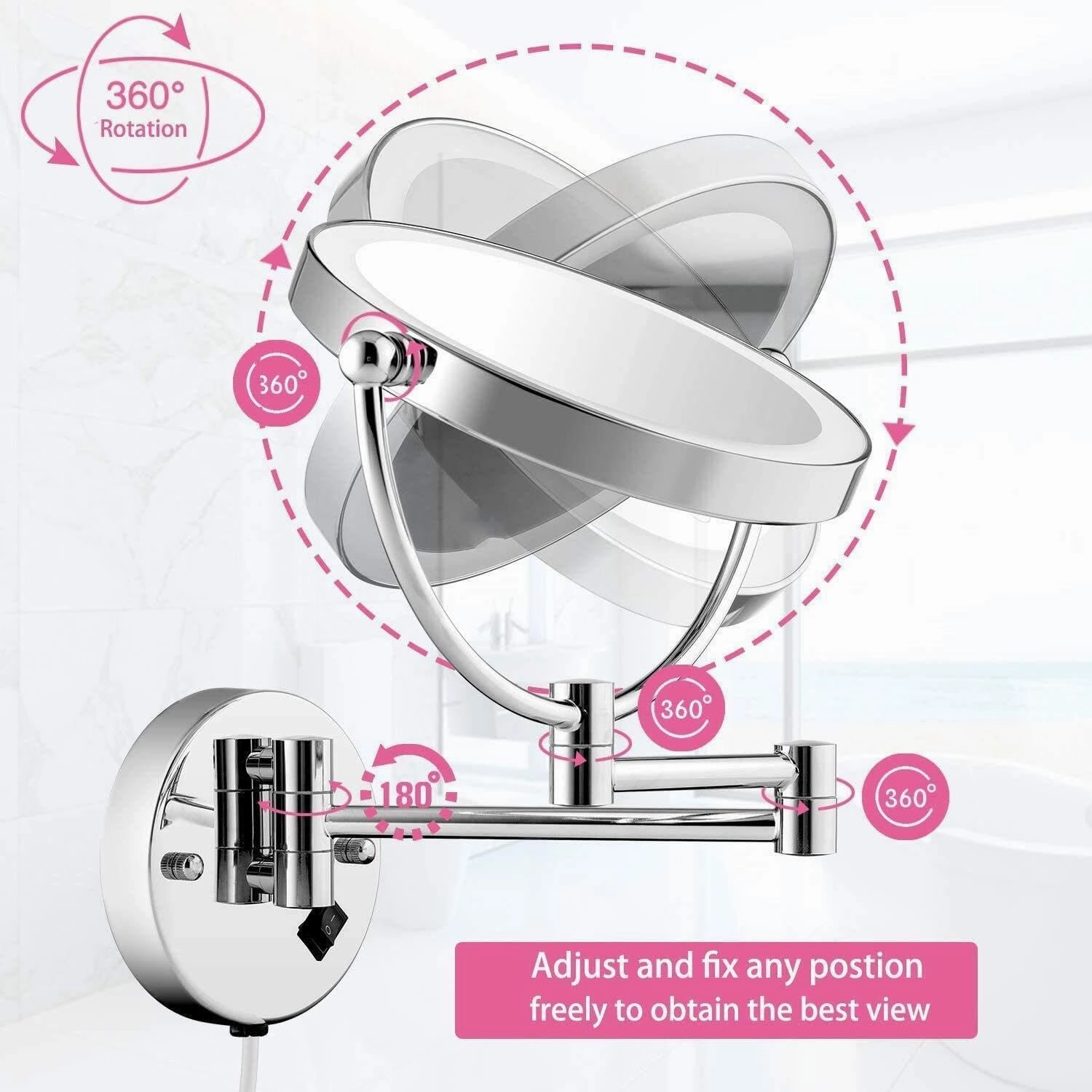 8.5-Inch Wall Mounted Makeup Mirror with LED Lights, 1X/7X Magnification, 360° Swivel Extendable, Chrome Finish, Plug Operated(10X)