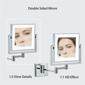 8 Inch Wall Mounted Square LED Lighted Makeup Vanity Mirror with Base Touch Dimmable Dual-Sided HD 1X/3X Magnifying Shaving Mirror 360° Swivel FoldableSilver USB(Zirconium,Plug)