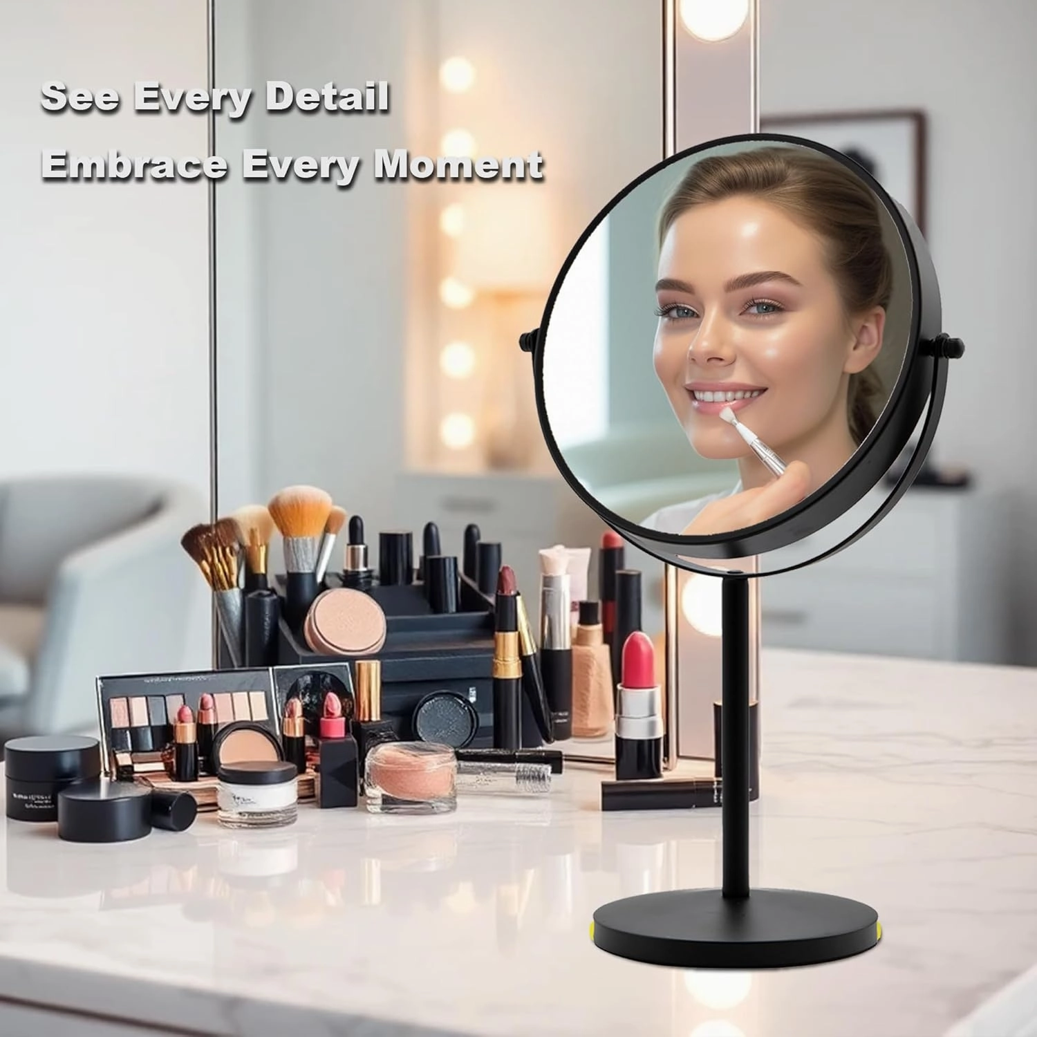 8" Desktop Makeup Mirror, Black Desktop Makeup Mirror, Magnification 1X/10, 360° Rotation Adjustment