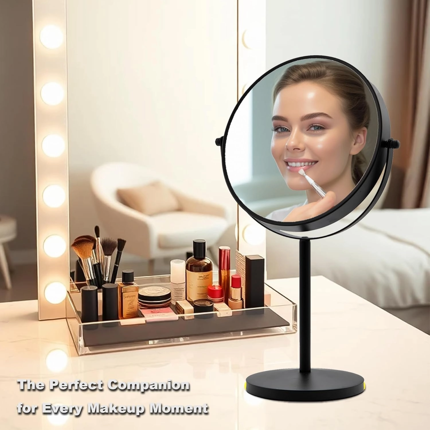 8" Desktop Makeup Mirror, Black Desktop Makeup Mirror, Magnification 1X/10, 360° Rotation Adjustment