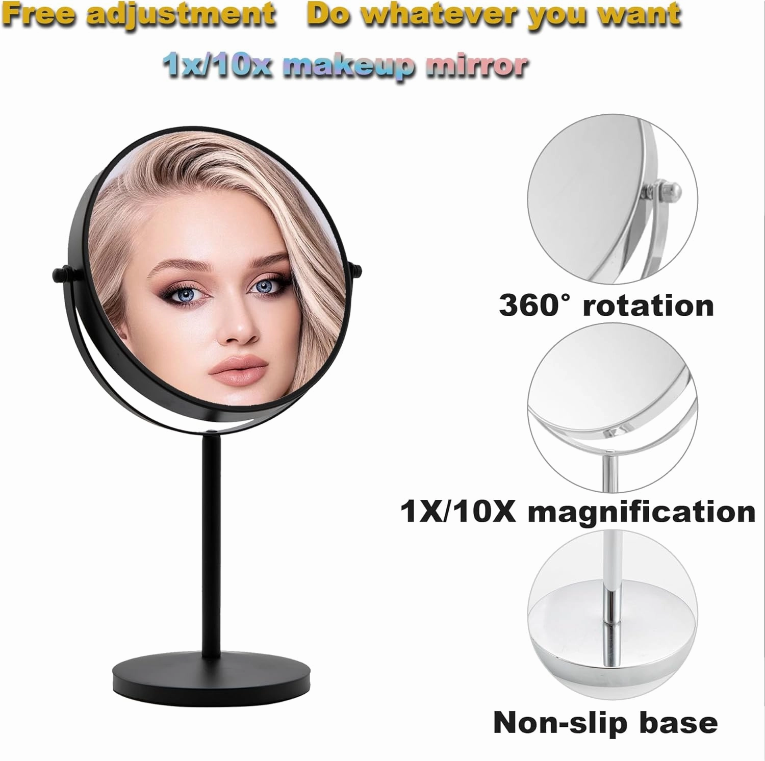 8" Desktop Makeup Mirror, Black Desktop Makeup Mirror, Magnification 1X/10, 360° Rotation Adjustment