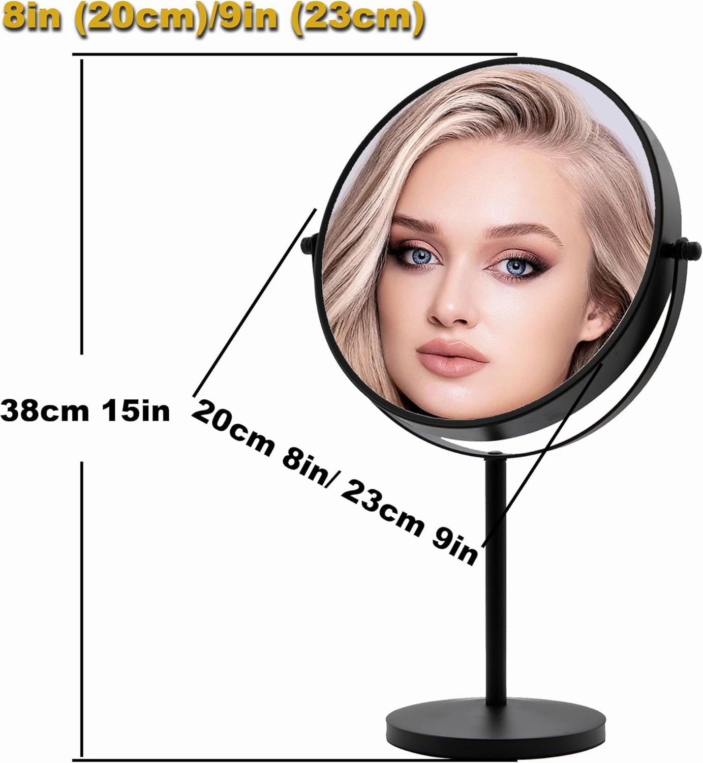 8" Desktop Makeup Mirror, Black Desktop Makeup Mirror, Magnification 1X/10, 360° Rotation Adjustment