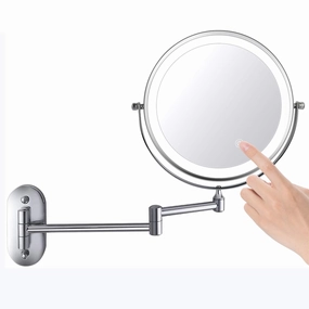 8" LED Wall Mounted Makeup Mirror Touch Screen Adjustable Light Double Sided 1X/5X Magnifying Vanity Mirror Swivel Extendable for Bathroom Hotels Powered by Batteries (Not Included) (Silver)