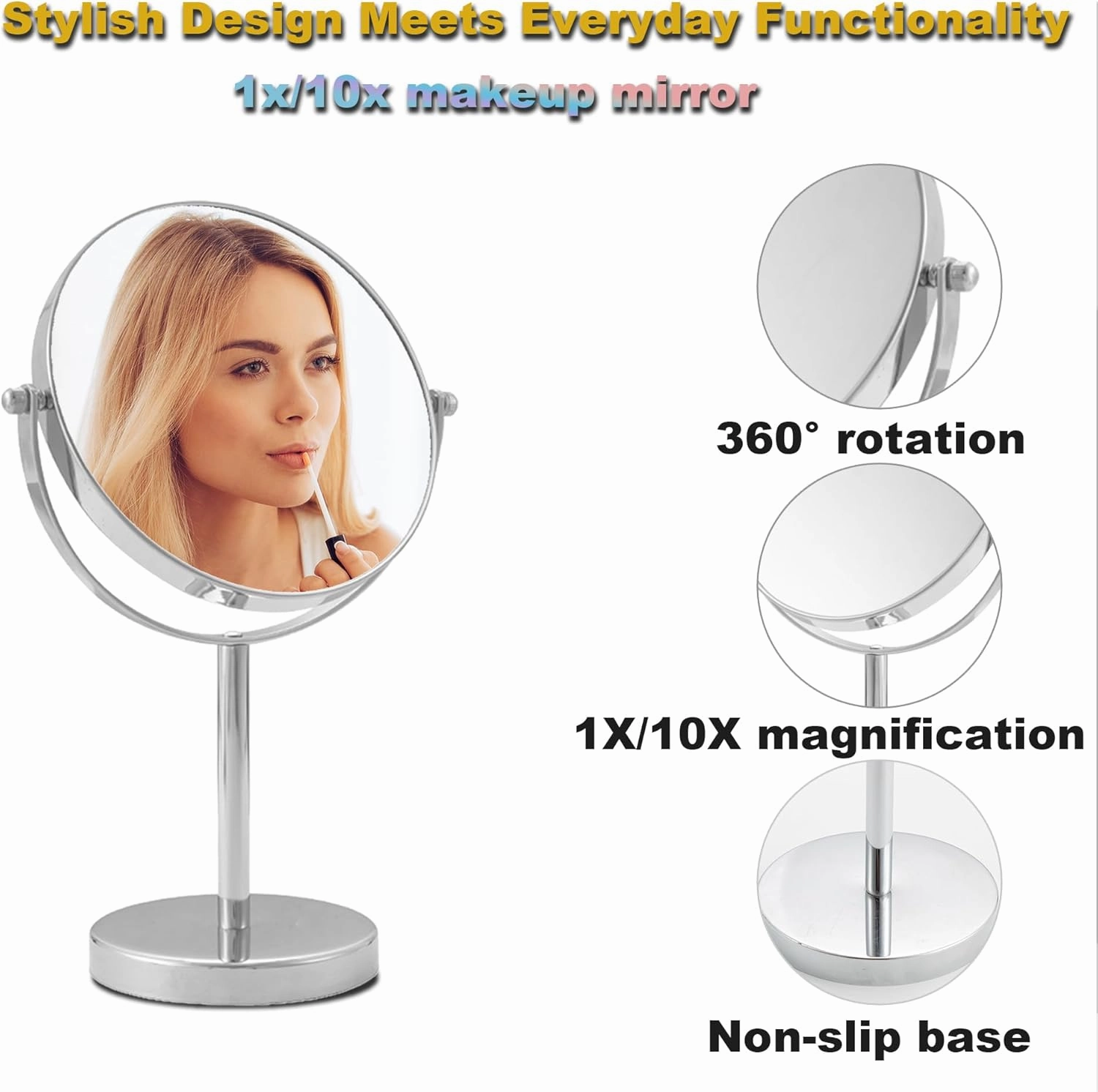 8" Tabletop Vanity Mirror with 1X/10X Magnification, Chrome, 360° Rotatable Makeup Mirror for Women, Beauty, Grooming and Skincare