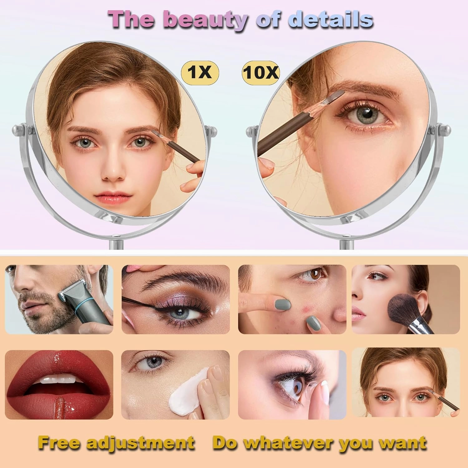 8" Tabletop Vanity Mirror with 1X/10X Magnification, Chrome, 360° Rotatable Makeup Mirror for Women, Beauty, Grooming and Skincare