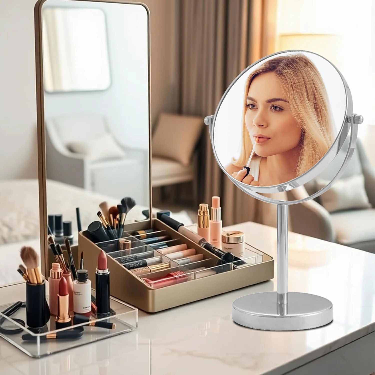 8" Tabletop Vanity Mirror with 1X/10X Magnification, Chrome, 360° Rotatable Makeup Mirror for Women, Beauty, Grooming and Skincare