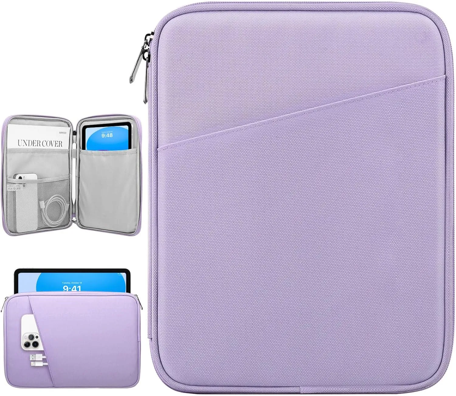 9-11 Inch Tablet Sleeve Bag Carrying Case for iPad 10th Gen 10.9, iPad 9/8/7th Gen 10.2, iPad Air 11", iPad Pro 11 M4 M2 2024, iPad Air5/4 10.9, Galaxy Tab A9  Plus 11"/S9 FE, Grey Purple