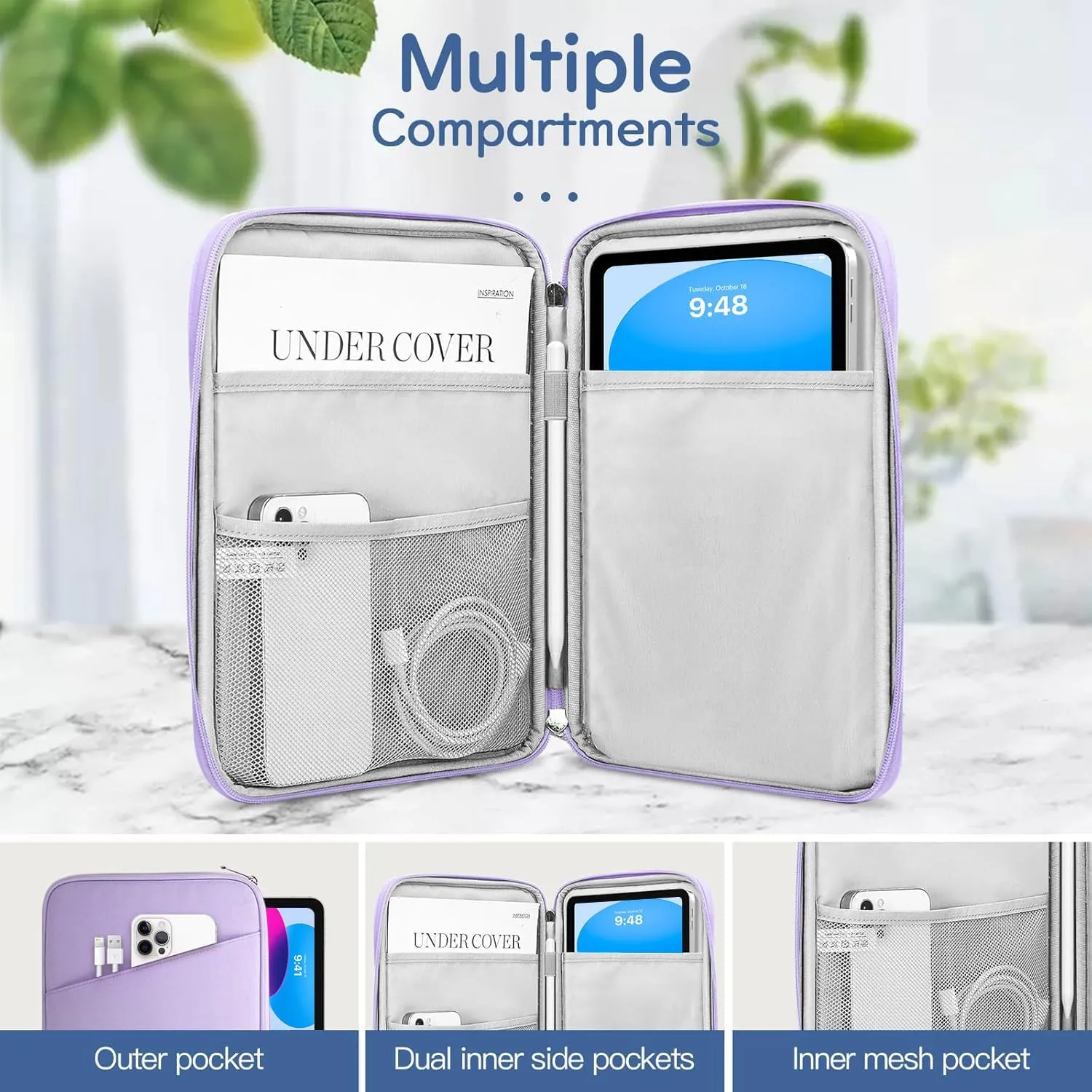 9-11 Inch Tablet Sleeve Bag Carrying Case for iPad 10th Gen 10.9, iPad 9/8/7th Gen 10.2, iPad Air 11", iPad Pro 11 M4 M2 2024, iPad Air5/4 10.9, Galaxy Tab A9  Plus 11"/S9 FE, Grey Purple