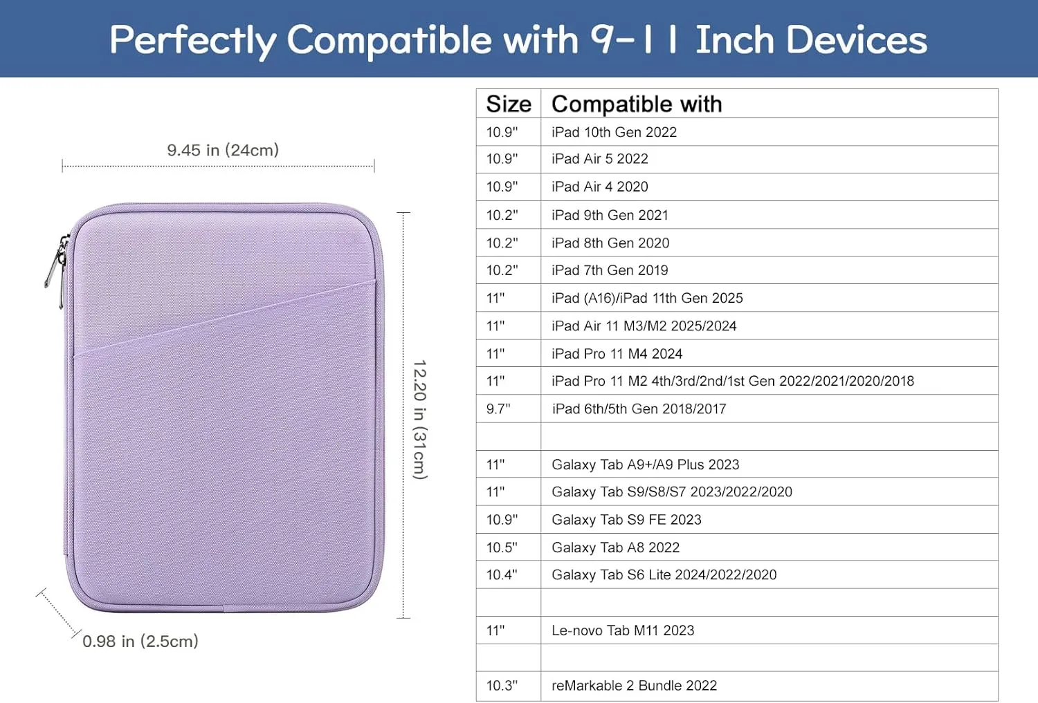 9-11 Inch Tablet Sleeve Bag Carrying Case for iPad 10th Gen 10.9, iPad 9/8/7th Gen 10.2, iPad Air 11", iPad Pro 11 M4 M2 2024, iPad Air5/4 10.9, Galaxy Tab A9  Plus 11"/S9 FE, Grey Purple