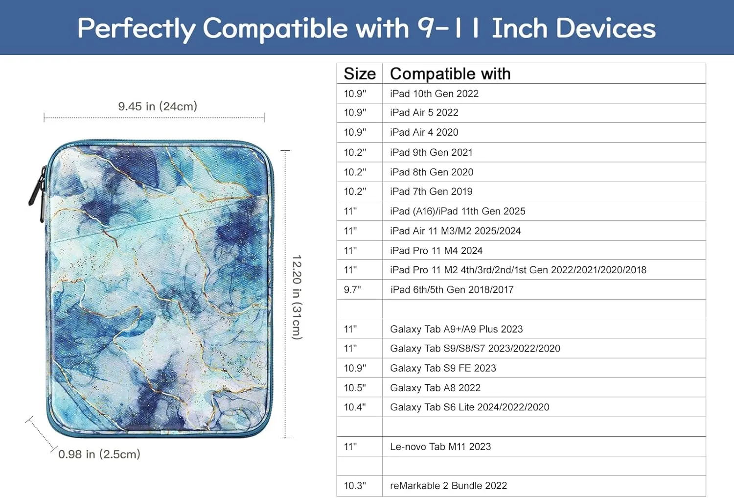 9-11 Inch Tablet Sleeve Bag Carrying Case for iPad 10th Gen 10.9, iPad 9/8/7th Gen 10.2, iPad Air 11", iPad Pro 11 M4 M2 2024, iPad Air5/4 10.9, Galaxy Tab A9  Plus 11"/S9 FE, Marble Blue