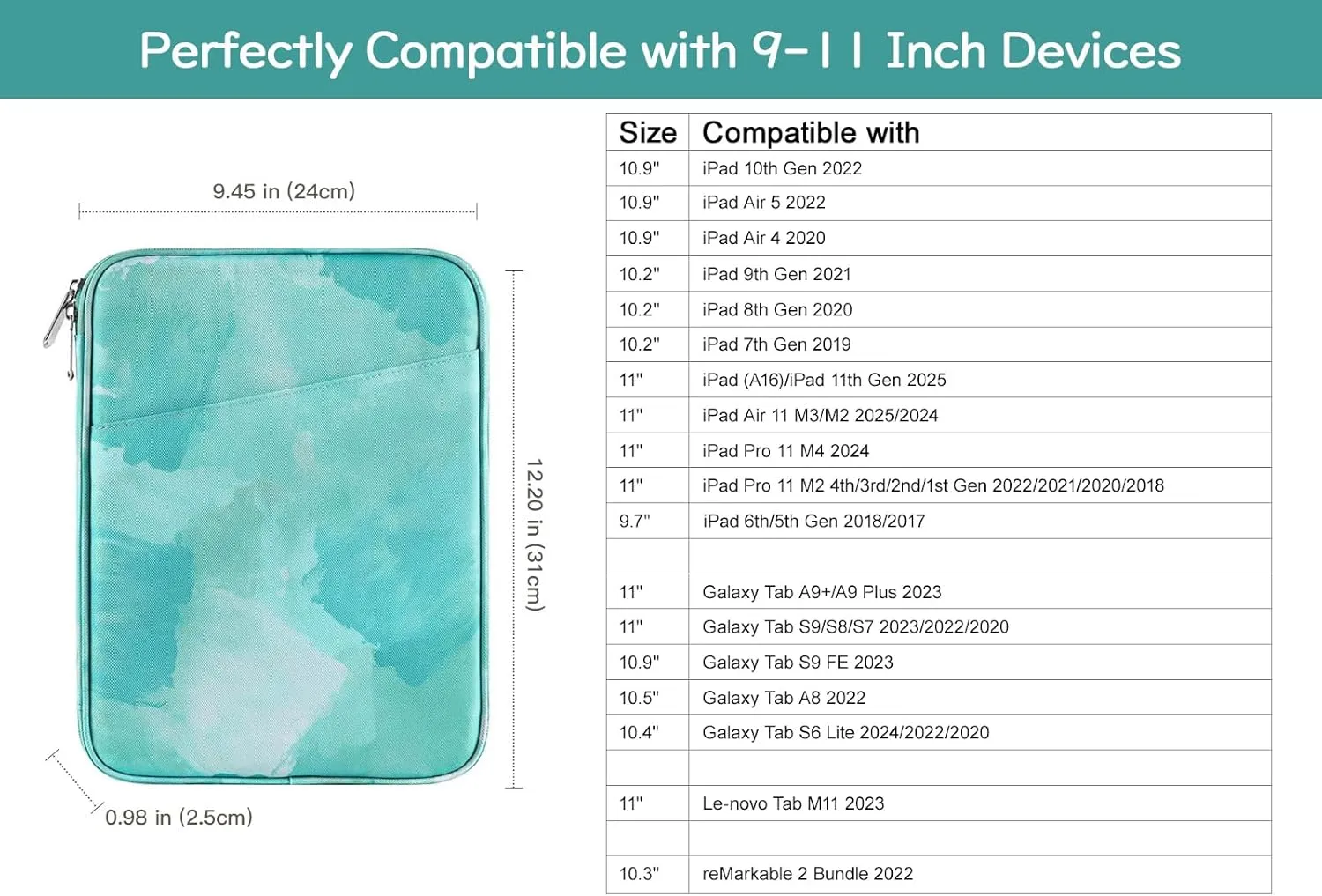 9-11 Inch Tablet Sleeve Bag Carrying Case for iPad 10th Gen 10.9, iPad 9/8/7th Gen 10.2, iPad Air 11", iPad Pro 11 M4 M2 2024, iPad Air5/4 10.9, Galaxy Tab A9  Plus 11"/S9 FE, Sea Salt Green