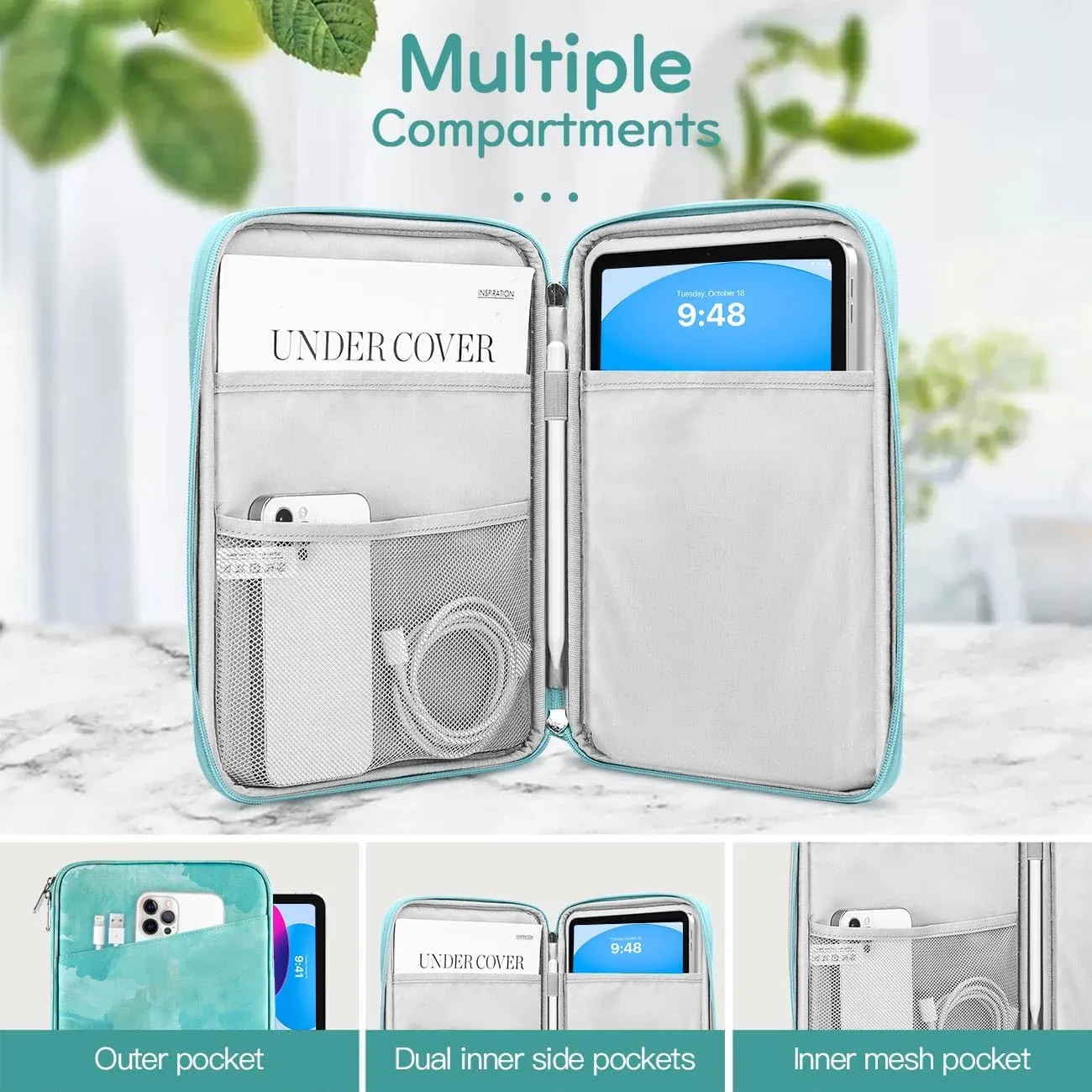 9-11 Inch Tablet Sleeve Bag Carrying Case for iPad 10th Gen 10.9, iPad 9/8/7th Gen 10.2, iPad Air 11", iPad Pro 11 M4 M2 2024, iPad Air5/4 10.9, Galaxy Tab A9  Plus 11"/S9 FE, Sea Salt Green