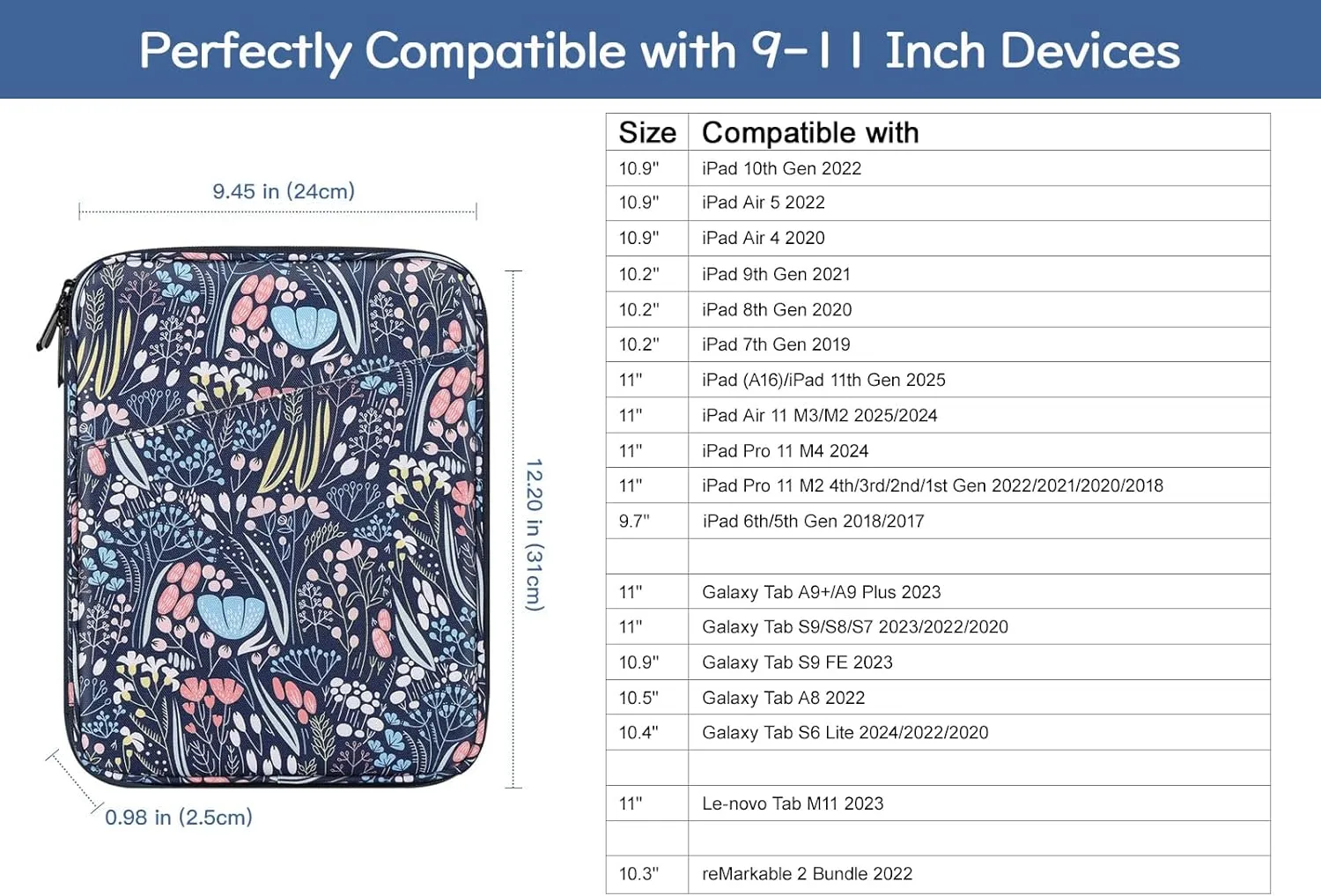 9-11 Inch Tablet Sleeve Bag Carrying Case for iPad (A16) 11th Gen 11", iPad 10th Gen 10.9" Air 5/4, i-Pad Air/Pro 11", i-Pad 9/8/7th, Galaxy Tab A9  Plus 11", Remarkable 2 10.3", Night Blue